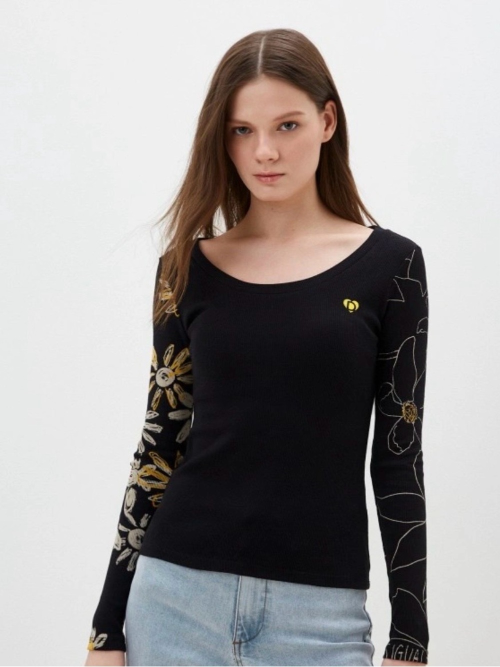 Desigual Black Long-Sleeve Ribbed Top with Yellow & White Floral Sleeves